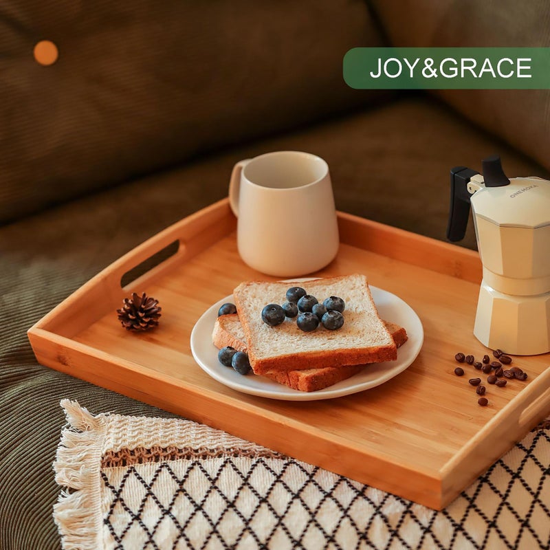 Joy&Grace Bamboo Serving Tray with Handles, Dinner Food Tray for Bed Breakfast Eating and Serving, for Coffee Table Ottoman TV, Decorative Wood Large Charcuterie Platter 16.8 x 12.5 inch 1 Pack - Image 5